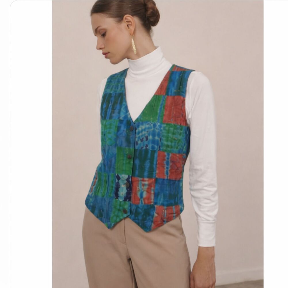 Vintage 80s 90s Liza B. Paris Patchwork Tie Dye Vest Boho Artsy Festival Medium